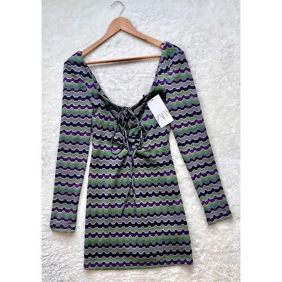 NWT Zara Retro Purple & Green Metallic Cutout Long Sleeve Mini Dress - Picture 6 of 15